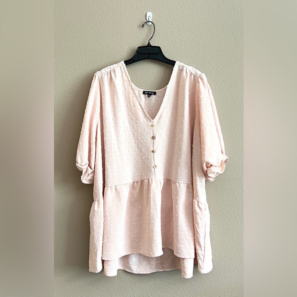 Love, Maven Curvy Pink Swiss Dot Peplum Ruffle Sleeve Top